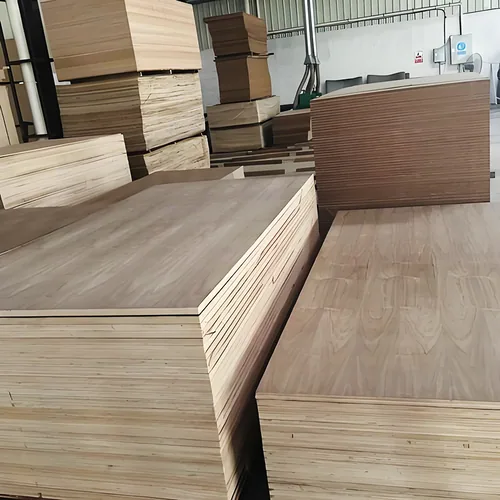 Brown wood-veneered panel stacks with varied face patterns and exposed layered edges.