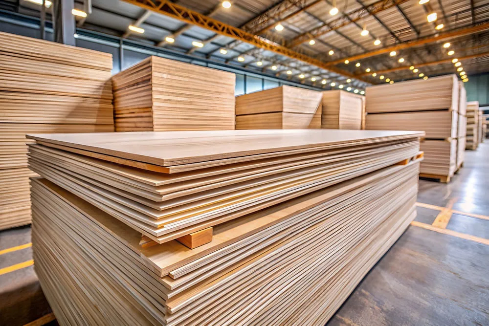 Stacks of pale panel sheets inside a large storage space.