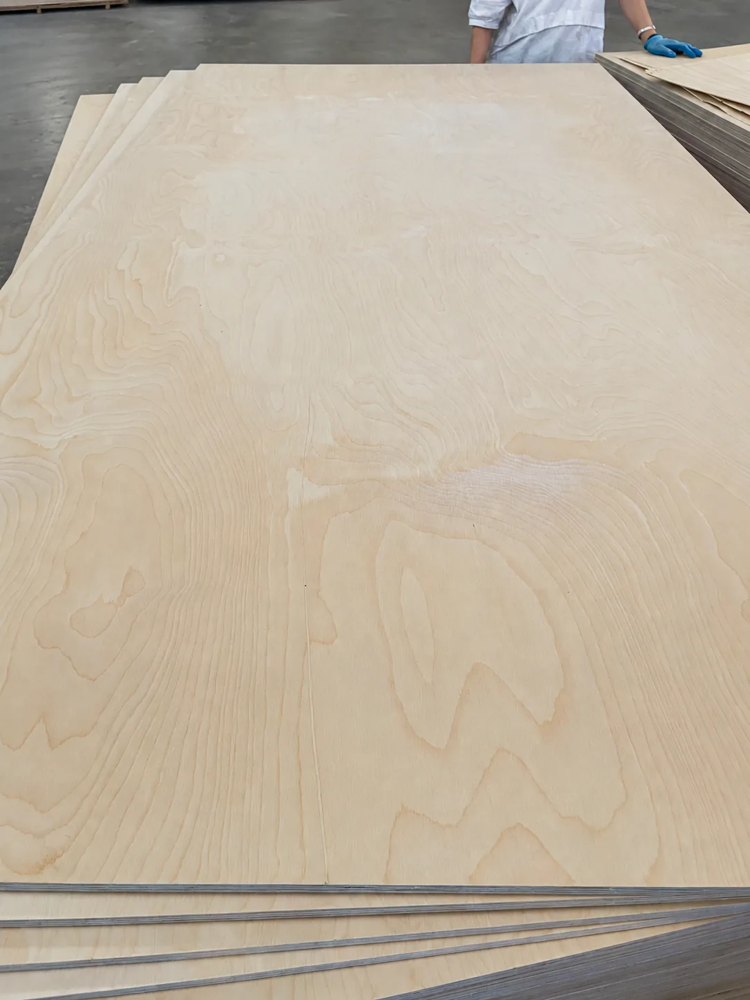 Birch plywood sheets with pale wood grain and layered edges in the workshop.